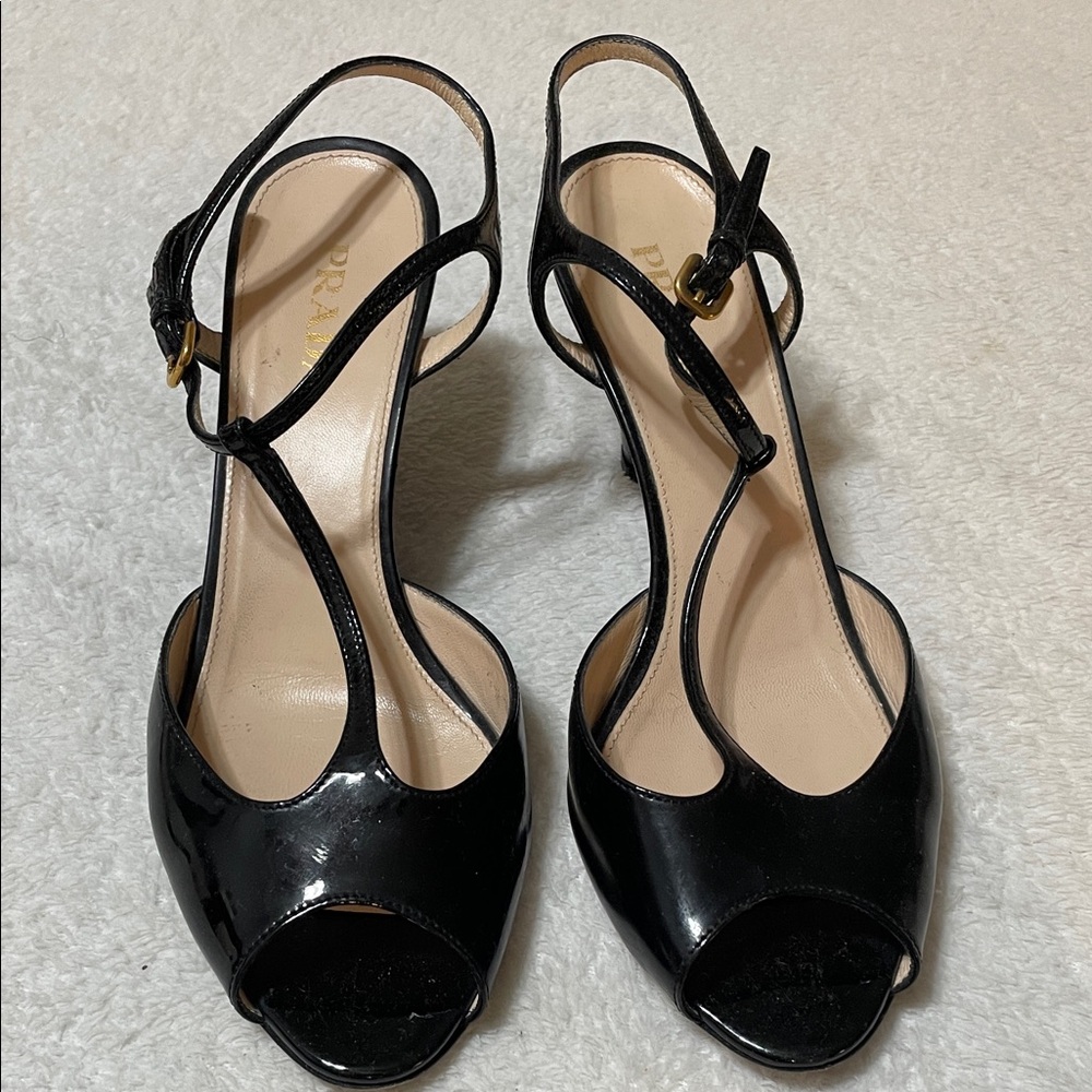 Prada Women's Glossy Black Peep-Toe Heels